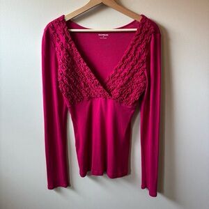 Express Hot Pink Ruffle V-Neck Long Sleeve Top